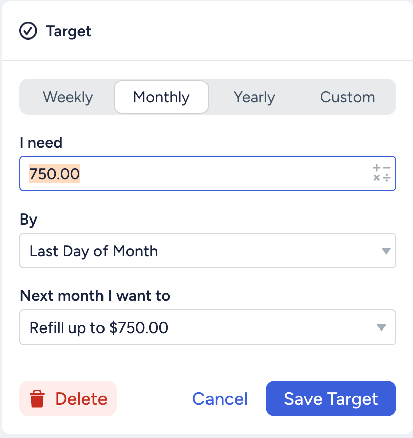 screenshot of a former Needed for Spending target